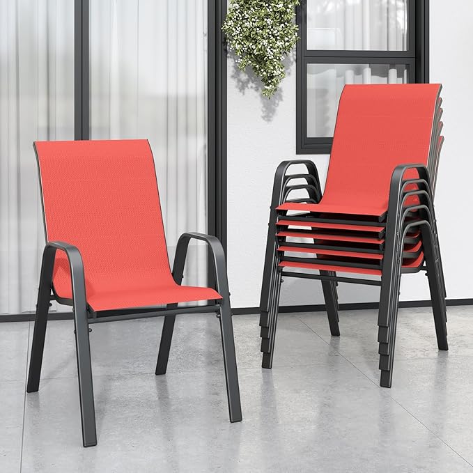 Patio Dining Chairs, Set of 6 Red Stackable Metal Frame