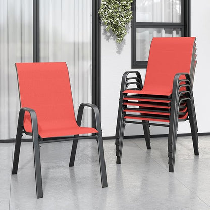 Patio Dining Chairs, Set of 6 Red Stackable Metal Frame