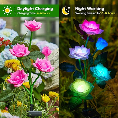 Solar Garden Lights, 6 Pack Upgraded Garden Decor LED Lights with 30 Rose Flowers, IP65 Waterproof 7 Color Changing Flowers, Outdoor Solar Lights for Garden Decorations, Gifts for Valentine's Day