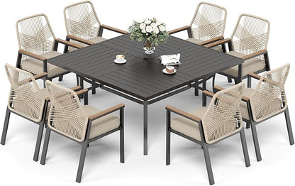 9 Pieces Patio Dining Set, 8 x Woven Rattan Chairs with Waterproof Cushion, 60" Square Metal Dining Table with Umbrella Hole, Outdoor Table and Chairs Set for Backyard Lawn and Deck, Beige