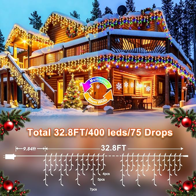 String Lights, 400 LED 33 ft Outdoor Color Changing Warm White to Multicolor