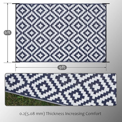 SAND MINE Reversible Mats, Plastic Straw Rug, Modern Area Rug, Large Floor Mat and Rug for Outdoors, RV, Patio, Backyard, Deck, Picnic, Beach, Trailer, Camping, Dark Blue & White, 6' x 9'
