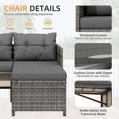 Shintenchi 3-Piece Outdoor Patio Furniture Sets, Wicker Patio Conversation Sets, All Weather Wicker Rattan Patio Seating Sofas with Glass Coffee Table and Cushion, Gray
