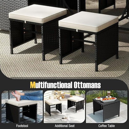Tangkula 9 Piece Patio Dining Set, Rattan Chairs with Tempered Glass Table & Ottoman, Space Saving Wicker Sectional Conversation Set with Removable Cushions, Outdoor Furniture for Backyard Garden Deck