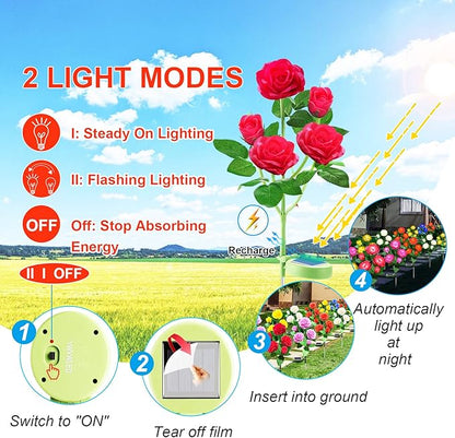 Solar Flower Lights Outdoor - Upgraded New Material Two Modes Realistic LED Solar Powered Waterproof Lights with 5 Roses, Solar Decorative Stake Lights for Garden (Red, 1 Pack)