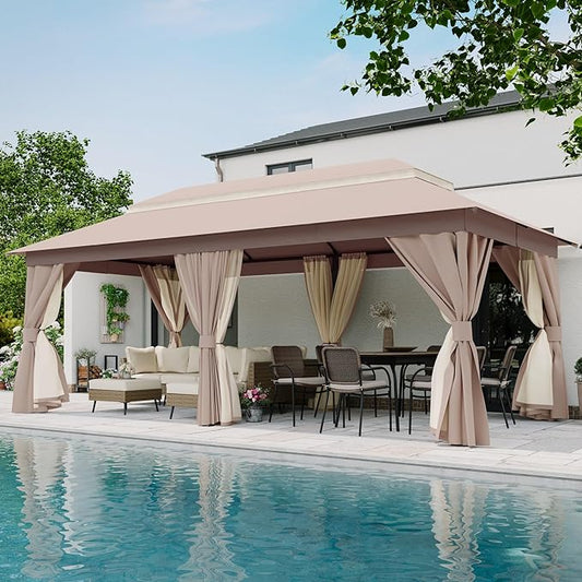 LAUSAINT HOME Semi-Permanent Outdoor Patio Gazebo 10'x20', Heavy Duty Party Tent Shelter with Double Roofs, Mosquito Nettings and Privacy Screens for Backyard, Garden, Lawn, Khaki