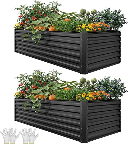 YITAHOME 8x4x2ft 2pcs Large Raised Garden Bed, Galvanized Metal Planter Box with Gloves, Ground Nails, Support Rod & Safety Rubber, Outdoor Above Ground Planters for Plants Vegetables Flowers, Black