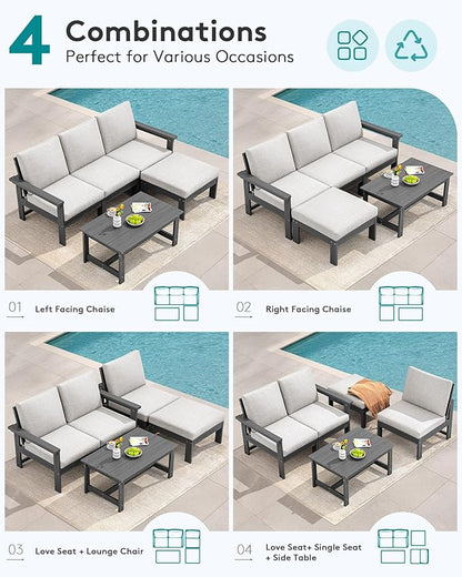 SERWALL Outdoor Sectional Sofa Set, 5-piece Outdoor Modula Couch Set with Ottoman, All Weather Patio Furniture Set with Chaise for Deck, Lawn, Gray Frame with Khaki Cushion