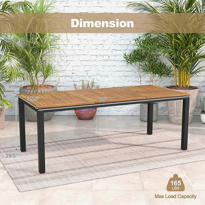 Tangkula 79" Acacia Wood Outdoor Dining Table for 8, Patio Table with Umbrella Hole, Metal Legs & Adjustable Foot Pads, Rectangular 8-Person Outside Table for Garden, Poolside & Backyard