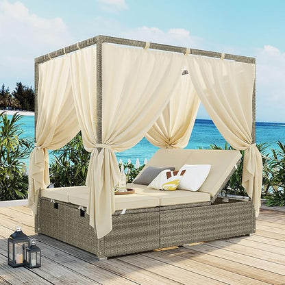 Harper & Bright Designs Adjustable Outdoor Sun Lounger with Canopy,Multi-Position Recline Patio Chair with Removable Cushion,Weather-Resistant Rattan Chaise Lounge for Poolside,Garden & Terrace,Beige