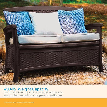 Suncast Outdoor Wicker Love Seat with 23-Gallon Storage, Comfortable Seating for Two, Ergonomic Back Support, All-Weather Furniture for Patio, Deck, and Garden, Java, Made in the USA