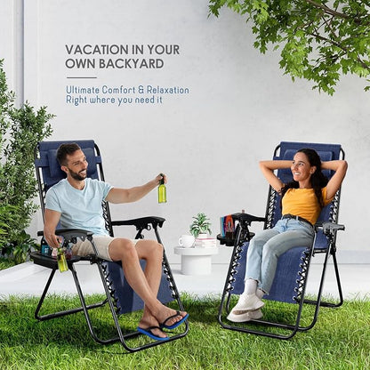 Nestl Zero Gravity Chairs Set of 2, Patio Lounge Chair Outdoor with Pillows & Cup Holder Trays, Adjustable Steel Mesh Reclining Camping Chair, Folding Patio Lawn Chair for Deck, Beach, Yard - Blue