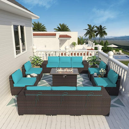 ALAULM 13 Pieces Outdoor Patio Furniture Set with Propane Fire Pit Table Outdoor Sectional Sofa Sets Patio Furniture 43" Gas Fire Pit Brown PE Rattan Patio Conversation Set w/10 Cushions (Lake Blue)