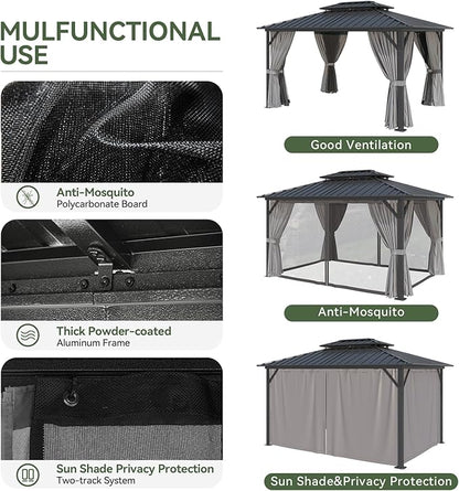 Aoxun 10'x12' Hardtop Gazebo, Aluminum Frame Canopy with Double Galvanized Steel Roof, Outdoor Metal Pavilion with Netting, and LED Outdoor Waterproof Hanging Lights