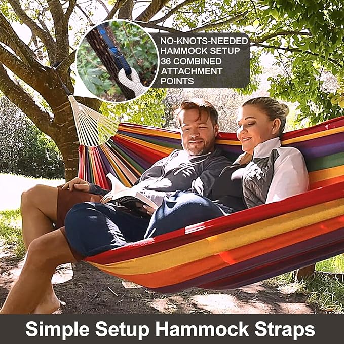Brazilian Double Hammock with Tree Straps,Extra Large 94x63IN,2 Persons Hammock for Backyard Patio Outdoor and Indoor,450lbs Weight Capacity,Soft Woven Cotton Fabric - Beige Brown Stripe
