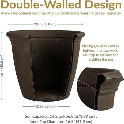 Sunnydaze 20-Inch Anjelica Large Plastic Pot for Plants - Outdoor Double-Walled Large Plastic Planter with Drillable Drainage Holes - Sable - 2pk