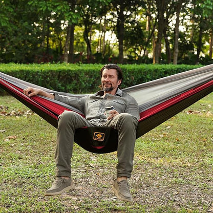 Camping Hammock, Portable Hammocks with Mosquito Net,Lightweight Nylon Parachute Hammock with 10ft Tree Straps,Camping Gear Must Haves for Travel Hiking Backpacking Beach Patio-Black&Red