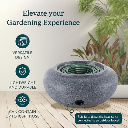 HC Companies Versatile 21 Inch Round Natural Decorative Plastic Outdoor Garden Hose Storage Pot with Side Hole for Faucet Connection, Granite