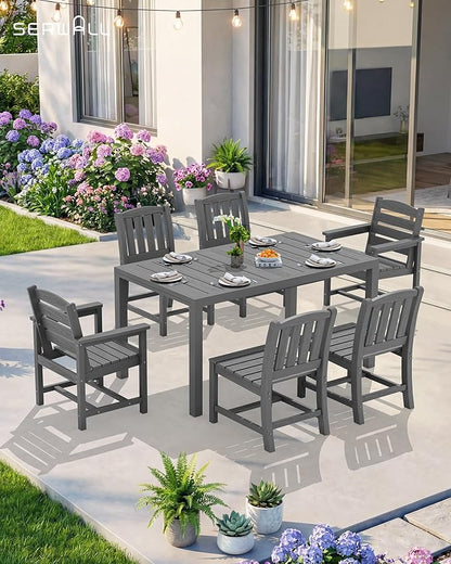 SERWALL 7-Piece Outdoor Dining Set, 60" - 83" Expandable Outdoor Dining Table and 6 HDPE Chairs, All Weather HDPE Outdoor Furniture Set for Backyard, Garden, Grey