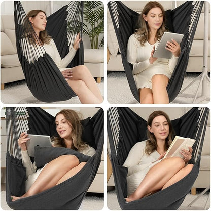 Y- STOP Hammock Chair Hanging Rope Swing Chair, Max 500 Lbs, 2 Seat Cushions Included, Removable Steel Spreader Bar with Anti-Slip Rings, Hardware kit-for Indoor Outdoor(Dark Grey) pcs
