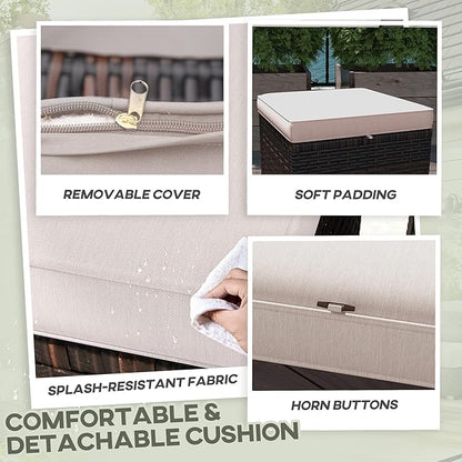 Outsunny 2 Pieces Outdoor Patio Ottomans, All Weather Wicker Outdoor Footstools with Removable Cushions, 3-in-1 PE Rattan Ottoman Seat, Footrest and Side Table for Backyard, Poolside, Cream White