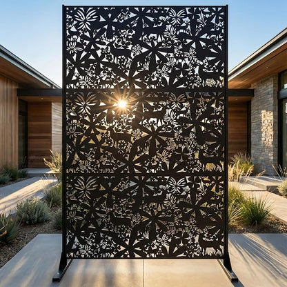 Metal Privacy Screen Outdoor 6FT – Freestanding Laser Cut Steel Garden Divider Panel with Stand, Decorative Modern Privacy Screen for Patio, Deck, Backyard & Balcony, Rustproof & Weather-Resistant