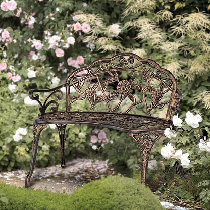 VINGLI 38.5" Patio Park Garden Outdoor Metal Rose Bench, 2-Person Cast Iron Cast Aluminium Frame Antique Finish Chair,Accented Lawn Front Porch Path Yard Decor Deck Furniture (Bronze, Rose)
