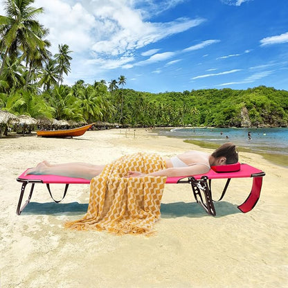 GYMAX Tanning Chair, 350lbs Beach Lounge Chair with Face Hole, Washable Pillow & Carry Strap, Adjustable Folding Chaise Lounge, Layout Chair for Outside, Patio, Poolside, Lawn (1, Pink)