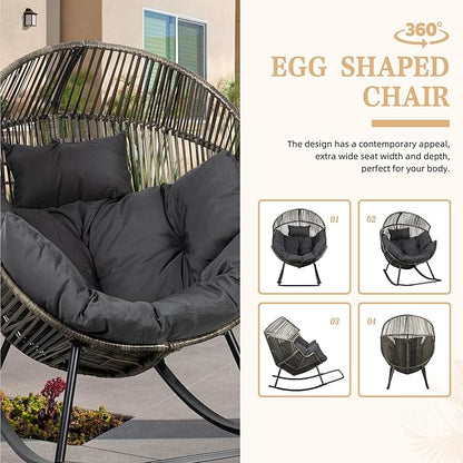 Vongrasig Wicker Egg Chair PE Rattan Rocking Chair with Cushion, Oversized Patio Lounge Rocker Chair for Outdoor, Indoor, Balcony, Backyard, Garden, Black/Rattan