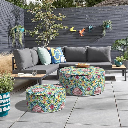 Inflatable Ottoman Stool D31 xH14 for Outdoor/Indoor Use, Water Repellent Patio Foot Rest Stool with Portable Handle,Round Pouf Ottoman Suitable for Garden,Deck and Camping - Damask Red