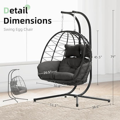 Double Egg Chair with Stand Hammock Swing Chair Foldable Hanging Loveseat, UV Resistant Removable Cushions, 700LBS Capacity for Bedroom, Balcony, Garden(BK-GR)
