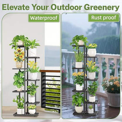 iDavosic.ly Plant Stand Indoor Outdoor, 6-Tier Tall Metal Flower Shelf for Heavy-Duty Large Planters, Corner Orchid Display Rack for Living Room Balcony Patio Porch, Space Saving, Modern Black