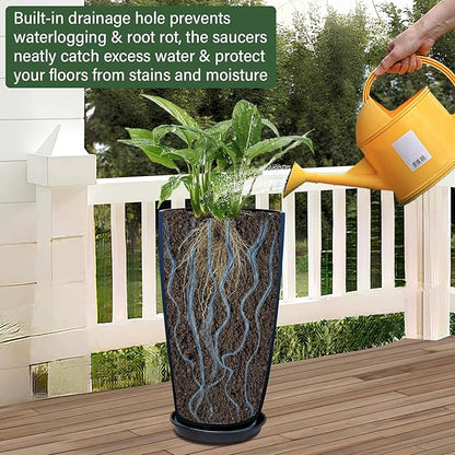 Set of 2 Lightweight Ceramic-Look Tall Planter, 21 inch Large Plastic Planter with Drain Hole & Saucers, Large Outdoor Planters for Porch, Garden, Patio, Balcony(Dark Blue)