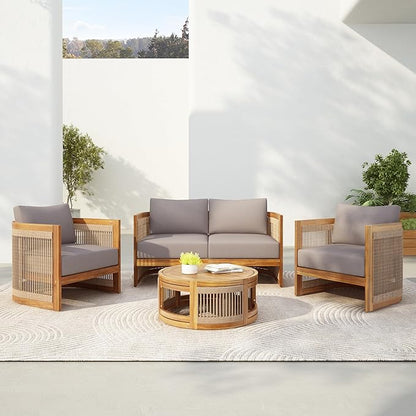 Merax 4-Piece Patio Premium Acacia Wood Outdoor Furniture Set,All Weather Curved Tub Design with Woven Rope Accents Loveseat Chairs and Table for Backyard, Balcony and Deck,Teak+Grey