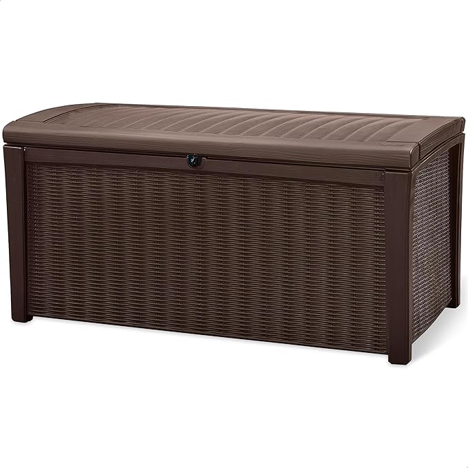 Deck Box, 110-Gallon Brown Resin Storage with Lockable Lid