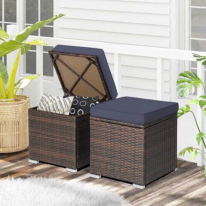 RELAX4LIFE Wicker Outdoor Storage Ottoman, 2-Piece Rattan Footstool w/Removable Cushion, Multipurpose Footrest Stool Side Table Additional Seating, Set of 2 Outdoor Ottomans for Patio Deck (Navy)