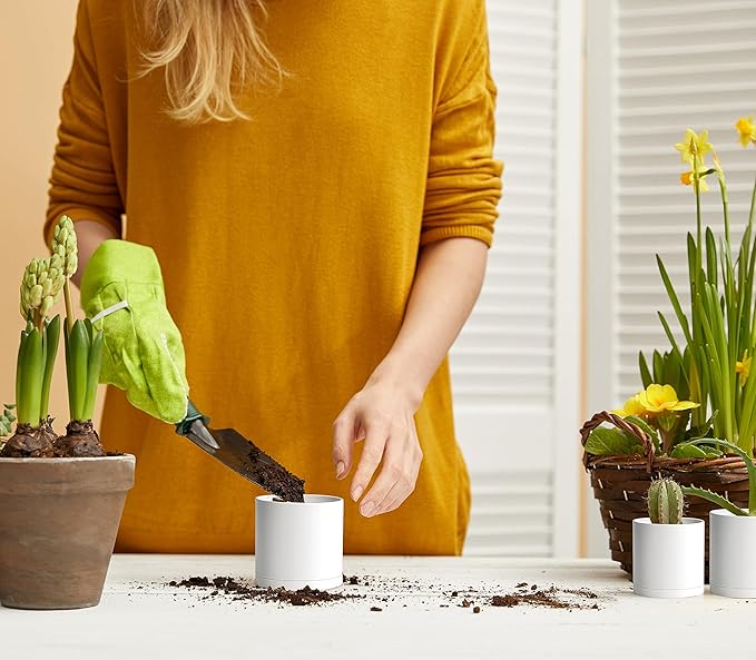 Planters: 12 Matte White Plastic Pots with Drainage Holes and Saucers