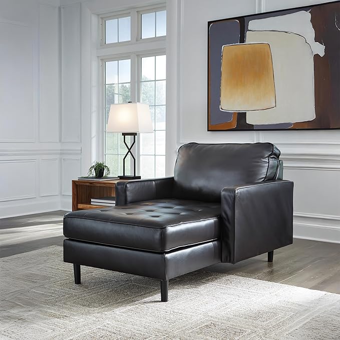Signature Design by Ashley Bryceview Modern Tufted Leather Match Chaise with Loose Seat Cushion, Black