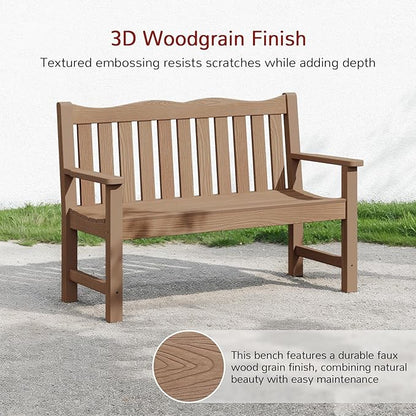 Stoog All-Weather Outdoor Bench, 2-Person Poly Lumber Garden Bench with 800lb Capacity, Never Fade & Rust-Proof, for Backyard, Patio, Deck, and Porch, Teak