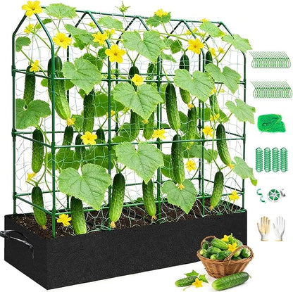 Large Cucumber Trellis for Climbing Plants Outdoor with Grow Bag,67" Tall Metal U-Frame Plant Trellis for Raised Bed with Garden Netting and Plant Clip Plant Ties for Vegetables Tomatoes Squash Pea