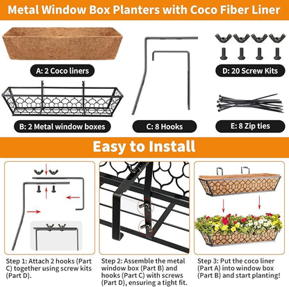 Riare 2 Pack 24 Inch Window Boxes Planters with Coco Liner, Metal Deck Railing Planter Boxes, Balcony Planters Railing Hanging, Horse Trough Window Flower Planter Boxes for Outdoor Porch Fence Patio