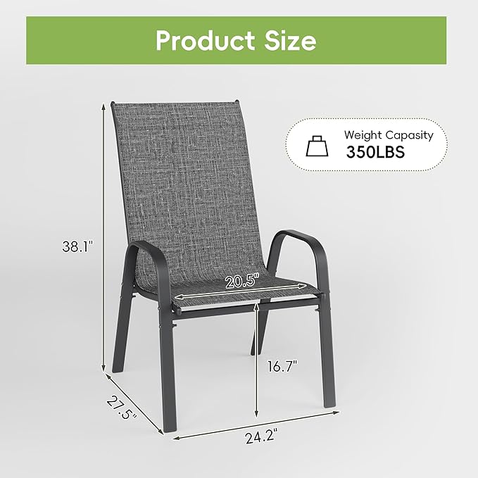 Patio Dining Chairs, Set of 6, Dark Grey Steel Frame, Stackable