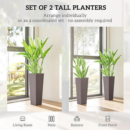 Outsunny 23.6 Inch Tall Planters for Outdoor Plants, Set of 2 Plastic Rattan-Like Flower Pots with Drainage Holes, Stackable Tapered Planters for Indoor Plants, Front Porch, Brown