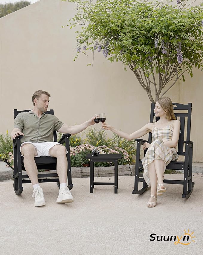 Rocking Chairs Set of 2, Black Outdoor Chairs with 30-Inch High Back