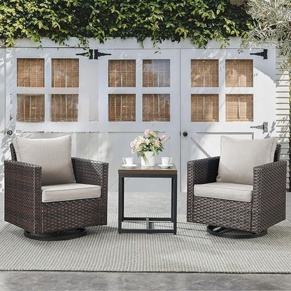 Belord Outdoor Bistro Set 3 Piece Wicker Swivel Rocker Patio Chairs, Oversize Outdoor Rattan Seating Set, Patio Swivel Glider Chairs Wicker Furniture with Metal Side Table for Porch Backyard, Brown