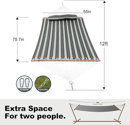2 Person Hammocks for Outside, Double Quilted Fabric Outdoor Hammock with Spreader Bar, Large Removable Pillow, Storage Pockets, Carabiners, Max 475 lbs Capacity (Mountain Mist Gray)