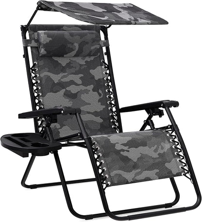 Best Choice Products Folding Zero Gravity Outdoor Recliner Patio Lounge Chair w/Adjustable Canopy Shade, Headrest, Side Accessory Tray, Textilene Mesh - Camouflage