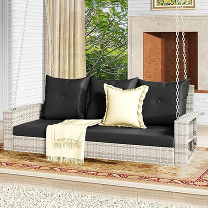 DWVO 3-Seats Wicker Hanging Porch Swing Chair Outdoor Gray Rattan Patio Swing Lounge 3 Back Cushions Capacity for Garden, Balcony, Gray Rattan Black Cushion