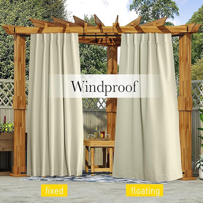 NICETOWN 2 Panels Waterproof Outdoor Curtains Fixed Grommet & Back Tab on Top & Bottom, Thermal Insulated Keep Rain & Sun Out Blackout Windpoorf Outdoor Draperies with Rope, W52 by L108, Light Beige
