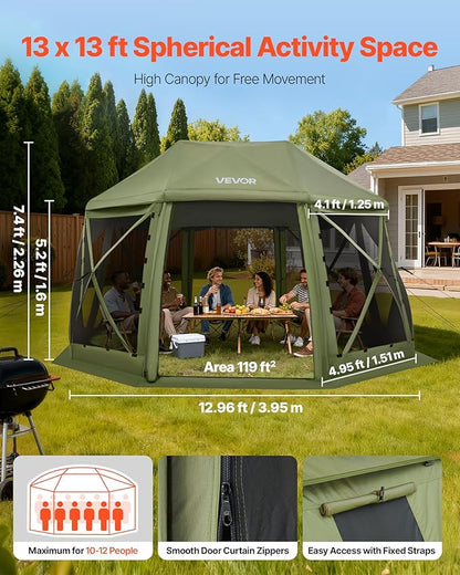 VEVOR Pop up Gazebo Screen Tent, 13 x 13 ft, 13-Sided Spherical Camping Canopy Tent with Removable Top & Carry Bag, Quick-Set & Bite-Proof, Screen House Sun Shelter for 10-12 Persons, Green